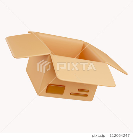 3D open cardboard box icon with white symbols isolated on white background. Render delivery cargo box 3d illustration 112064247