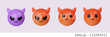 3d Set Icon evil Emoji. Realistic Red Glossy 3d Emotions face. icon isolated on gray background. 3d rendering illustration. Clipping path. 112064251