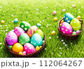 AI-generated content. Colourful eggs decorated by children lying in basket on grass sunny day, Generated by AI. 112064267