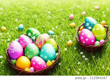 AI-generated content. Colourful eggs decorated by children lying in basket on grass sunny day, Generated by AI. 112064267