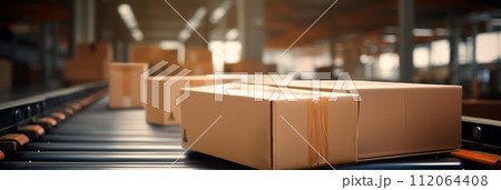Cardboard boxes parcels on a conveyor belt, transport goods delivery and logistics, logistics warehouse, banner 112064408