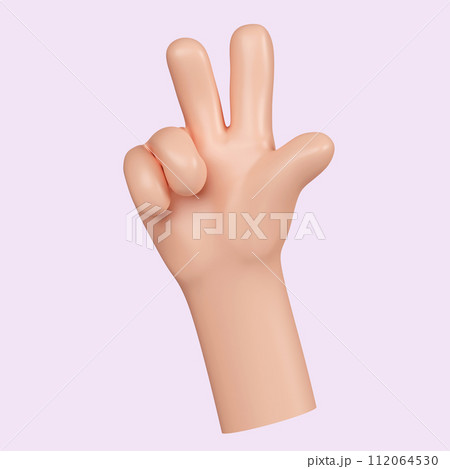 3d Cartoon character hand gesture. Counting on fingers. Hand gesture number three. The thumb. icon isolated on pink background. 3d rendering illustration. Clipping path. 112064530