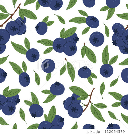Blueberry seamless pattern. Hand drawn juicy blueberries endless design, fresh edible blue berries for healthy nutrition flat vector background illustration. Delicious forest berries pattern 112064579