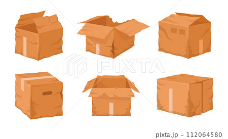 Damaged cardboard boxes. Crumpled, damaged delivery box, broken and wet carton shipping containers flat vector illustration set. Torn boxes on white 112064580