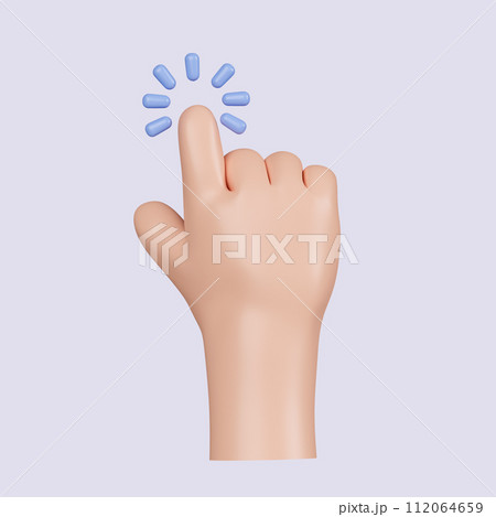 3d Computer cursor with hand and click. Diverse man arms with fingers press button, pointing or touch fingerprint scan. icon isolated on gray background. 3d rendering illustration. Clipping path. 112064659