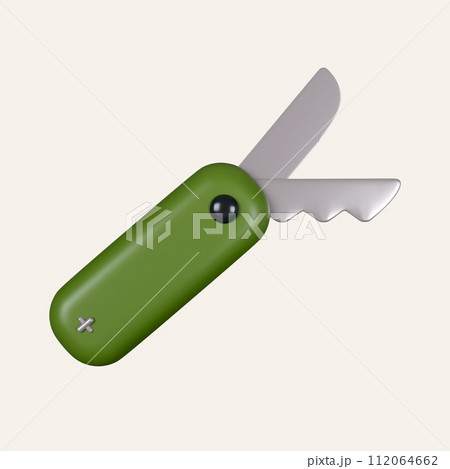 3d folding knife equipment. Summer camp and holiday vacation. icon isolated on white background. 3d rendering illustration. Clipping path. 3d folding knife equipment. Summer camp and holiday vacation. icon isolated on white background. 3d rendering illustration. Clipping path. 112064662
