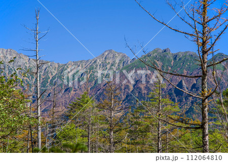 紅葉シーズンの上高地【田代湿原から望む穂高連峰】 紅葉シーズンの上高地【田代湿原から望む穂高連峰】 112064810