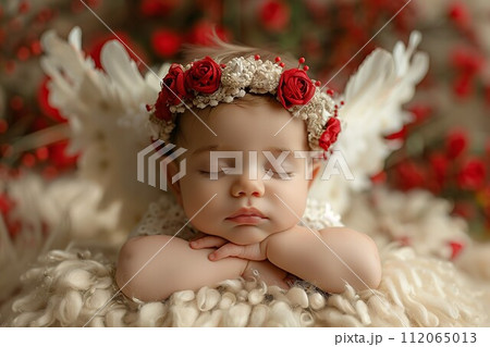 AI-generated content. Cupid's Slumber: Newborn Angel in Floral Crown 112065013