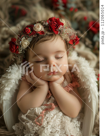 AI-generated content. Cupid's Slumber: Newborn Angel in Floral Crown 112065014