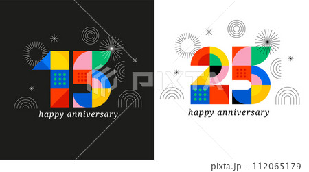 Anniversary concept design. Modern geometric style. Fireworks and celebration colorful background 112065179