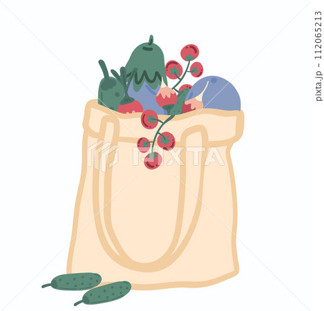 Flat design shopper bag with raw vegetables cucumber eggplants and tomato with radishes 112065213