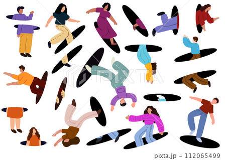 People jumping through portals, teleporting. People coming holes. Characters flying, entrance and exit. Search, explore concept. Flat graphic vector illustration EPS10 People jumping through portals, teleporting. People coming holes. Characters flying, entrance and exit. Search, explore concept. Flat graphic vector illustration EPS10 112065499