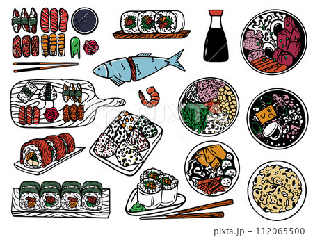 Sushi set. Asian Japanese food. Japan rolls, maki, uramaki. Chinese, korean, japanese rice, noodles, fish and meat dishes. Doodle asian japanese cuisine traditional delicious food. 112065500