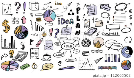 Business doodles hand drawn icons. Management infographic concept with financial business career development elements. Vector illustration EPS10 Business doodles hand drawn icons. Management infographic concept with financial business career development elements. Vector illustration EPS10 112065502