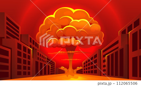 Atomic bomb in city. Symbol of nuclear war. Nuclear explosion. Huge mushroom cloud 112065506