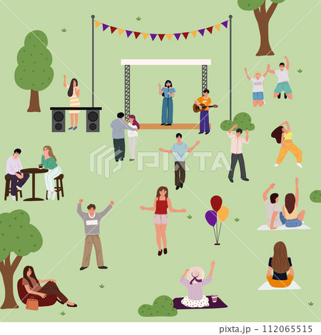 Music festival, open-air concert with outdoor stage. Young people sitting on grass in park, having picnic Crowd at summer concert in nature for adults and children. Music festival, open-air concert with outdoor stage. Young people sitting on grass in park, having picnic Crowd at summer concert in nature for adults and children. 112065515