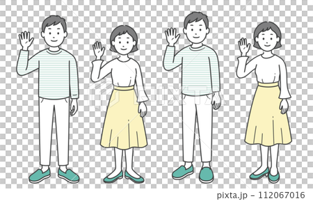 成年男女舉起一隻手打招呼 成年男女舉起一隻手打招呼 112067016