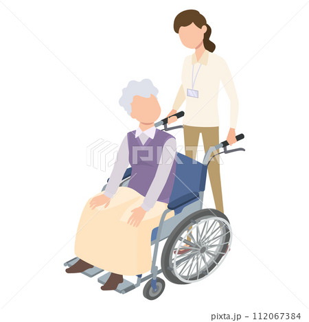 車椅子に乗る高齢者とヘルパーのイラスト 112067384