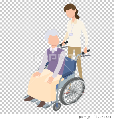 車椅子に乗る高齢者とヘルパーのイラスト 112067384