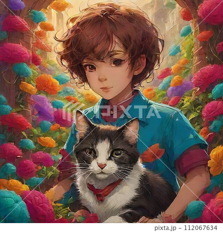 お花畑の少年と猫 お花畑の少年と猫 112067634