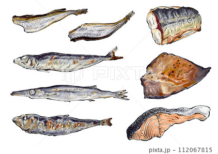 焼魚セット　手描きイラスト 112067815