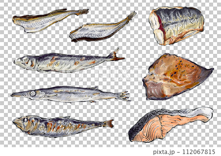 焼魚セット　手描きイラスト 112067815