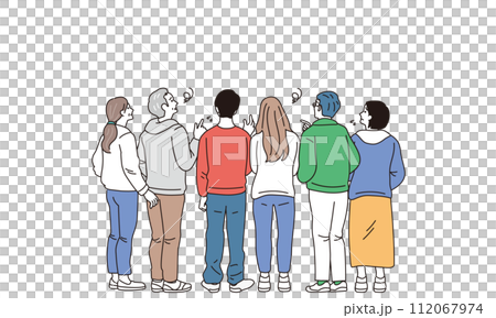 一個男人和一個女人從後面的插圖,有簡單的觸摸和困惑的表情 一個男人和一個女人從後面的插圖,有簡單的觸摸和困惑的表情 112067974