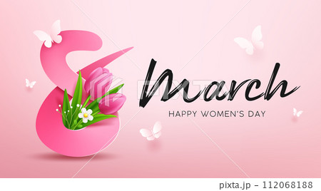 8 March, Happy women's day with tulip flowers and butterfly, banner concept design  112068188