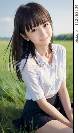 緑の大地に笑顔で座る若い女性 112068234