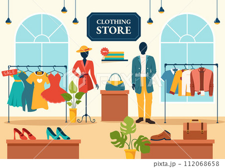 Clothing Store Vector Illustration by Shopping for Clothes or Dresses for Fashion Styles Women or Men in Flat Cartoon Background Design 112068658