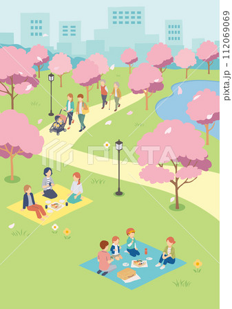お花見をする人々のアイソメトリックイラスト お花見をする人々のアイソメトリックイラスト 112069069