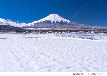 《山梨県》富士山と雪原の田園風景・冬の忍野村 112070232