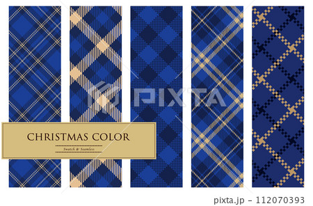 ブルーとゴールドのクリスマスチェックのパターンセット 112070393