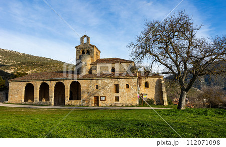 Valdenoceda Catholic Church in Gothic style, built of light limestone near Villavicios, Asturias 112071098