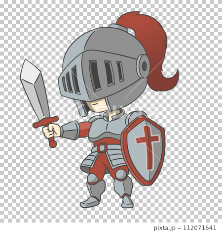 Cartoon style cute little knight wearing iron armor and red dress inside Standing holding a shield and a sword 112071641