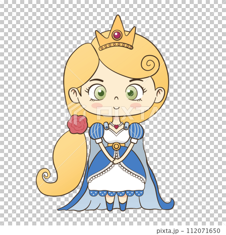 Cartoon style cute yellow long haired little princess with white and blue dress wearing a crown standing smiling Cartoon style cute yellow long haired little princess with white and blue dress wearing a crown standing smiling 112071650