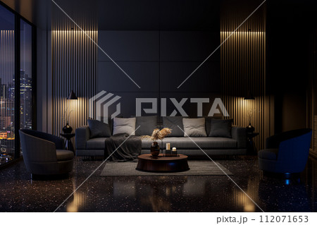 Modern style luxury black living room with city view in the night 3d render 112071653