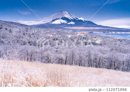 《山梨県》冬の富士山・雪景色の山中湖パノラマ台 112071998