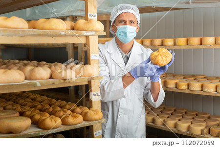 Cheese dairy worker in protective mask checks the quality of the cheese. Numbers on white pieces of paper are date when cheese was put into ripening chamber 112072059