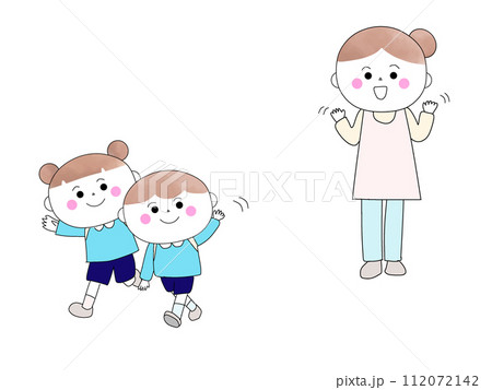 先生にさようならして帰る子どもたち 112072142