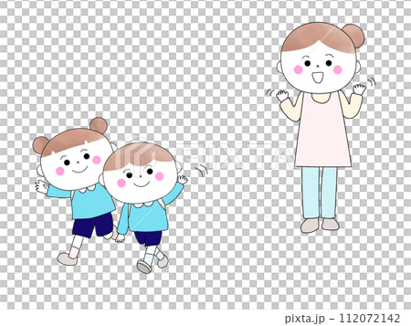 先生にさようならして帰る子どもたち 112072142