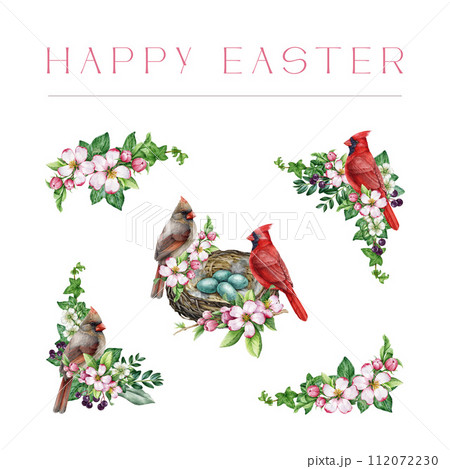 Floral Easter decoration set with birds. Watercolor illustration. Hand drawn vintage style spring flowers, red cardinal birds, nest with eggs decor. Easter tender collection. White background Floral Easter decoration set with birds. Watercolor illustration. Hand drawn vintage style spring flowers, red cardinal birds, nest with eggs decor. Easter tender collection. White background 112072230