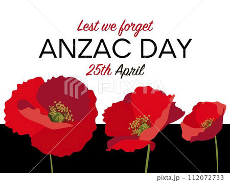Anzac day horizontal poster layout with red poppies on white background Anzac day horizontal poster layout with red poppies on white background 112072733