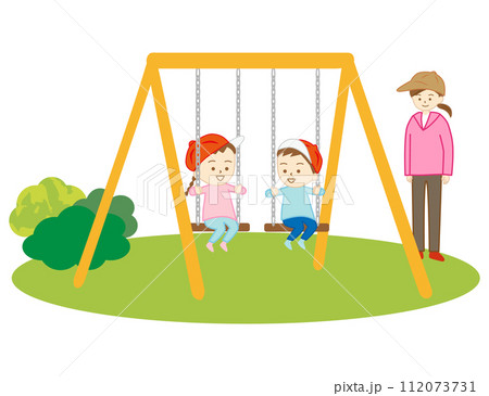 遠足で公園に来て、ブランコで遊ぶ小さな女の子達とそれを見守る若い女性 112073731