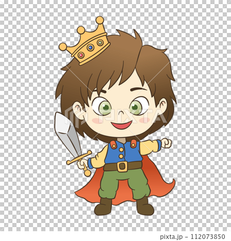 Cartoon style cute little prince with colorful uniform, wearing a crown, standing smiling, holding a sword in hand 112073850