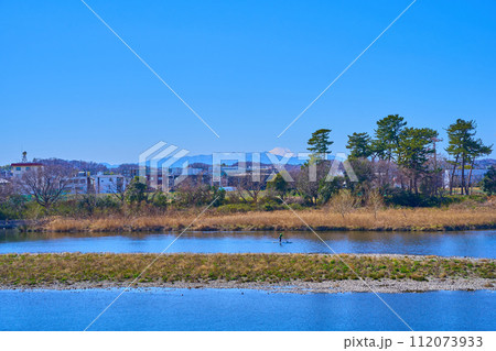 多摩川から川崎市多摩区登戸新町越しに富士山を背景にSUPを漕ぐ人を見る 多摩川から川崎市多摩区登戸新町越しに富士山を背景にSUPを漕ぐ人を見る 112073933