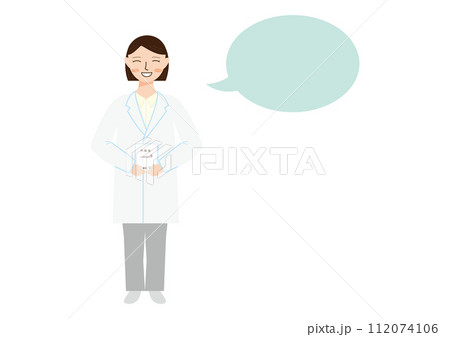 白衣を着て、内服薬を持つ女性のイラスト、吹き出しあり 112074106