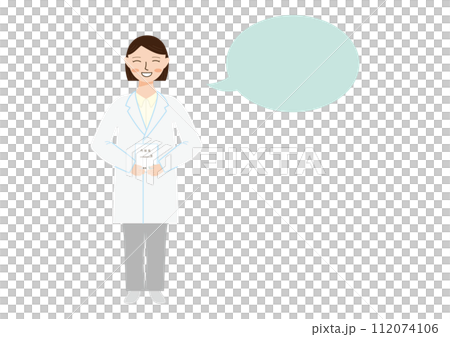 白衣を着て、内服薬を持つ女性のイラスト、吹き出しあり 112074106