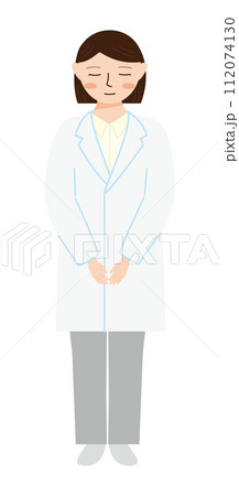 白衣を着て、お辞儀をする女性のイラスト 白衣を着て、お辞儀をする女性のイラスト 112074130