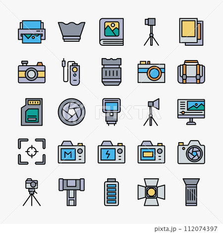 Photography icons collection. Camera, shot, photo, video, technology icons set. vector illustration 112074397